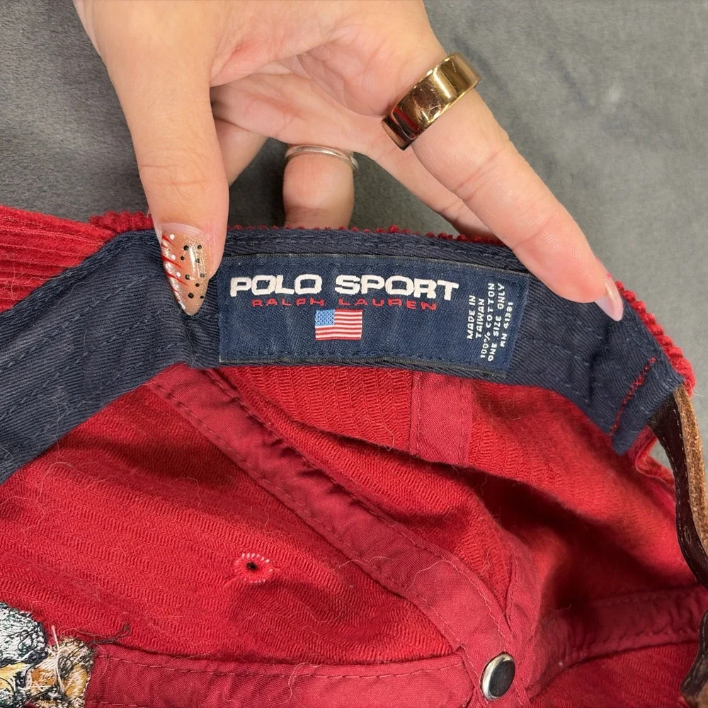 Polo Ralph Lauren Sport Jacket Bear 90s Cap Red Cord Vintage One Size Adjustable